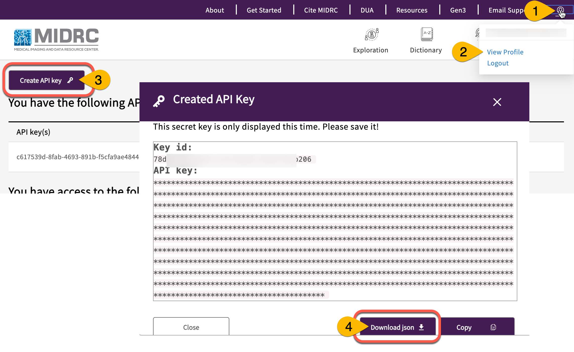 Screenshot showing how to find and save MIDRC credentials