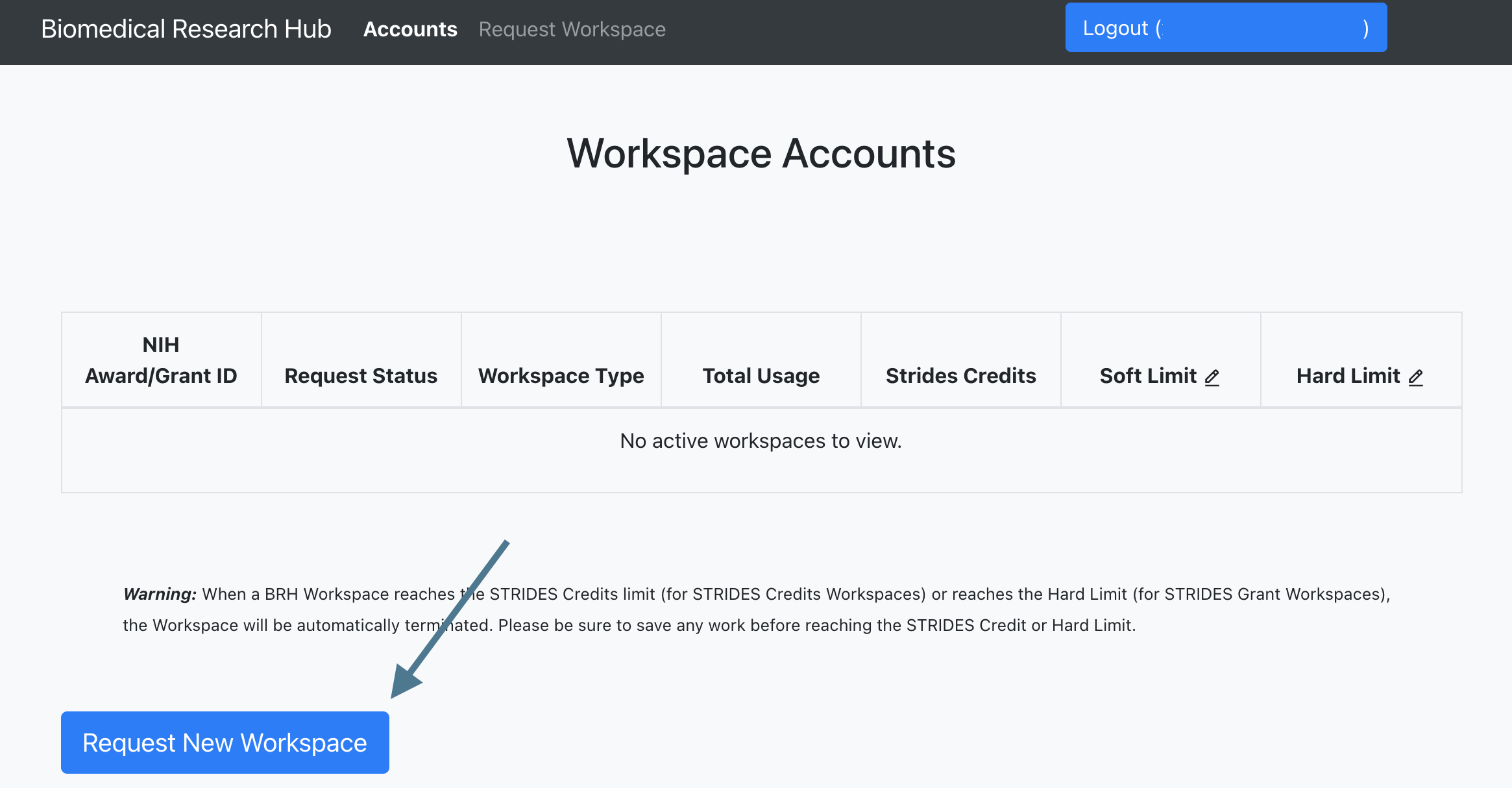 BRH Workspace Account Manager page to request new workspace account