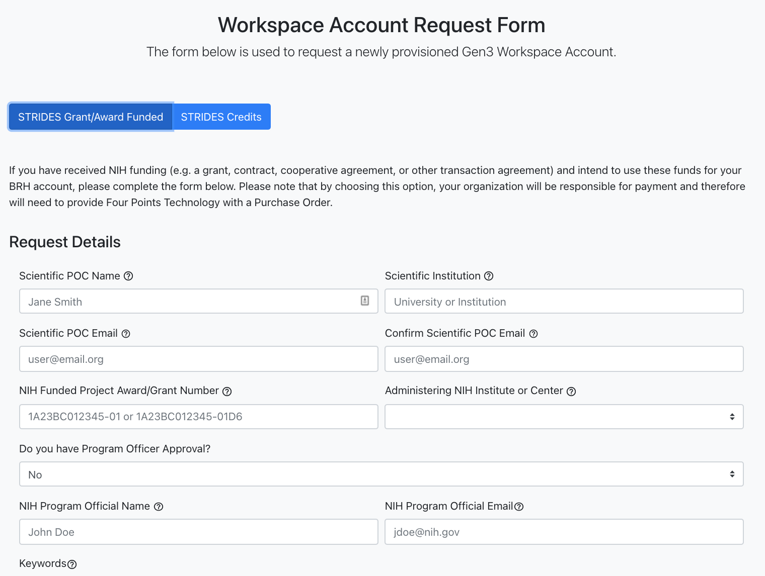 Request form if you're using STRIDES grant or award funding