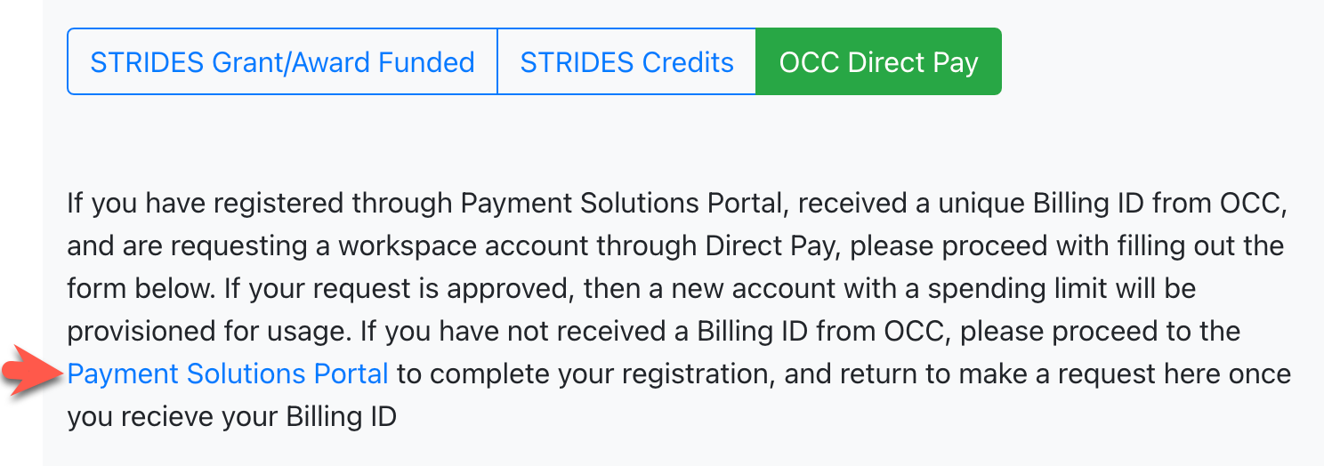 Screenshot showing where the OCC Payment Portal link can be found in the OCC Direct Pay form