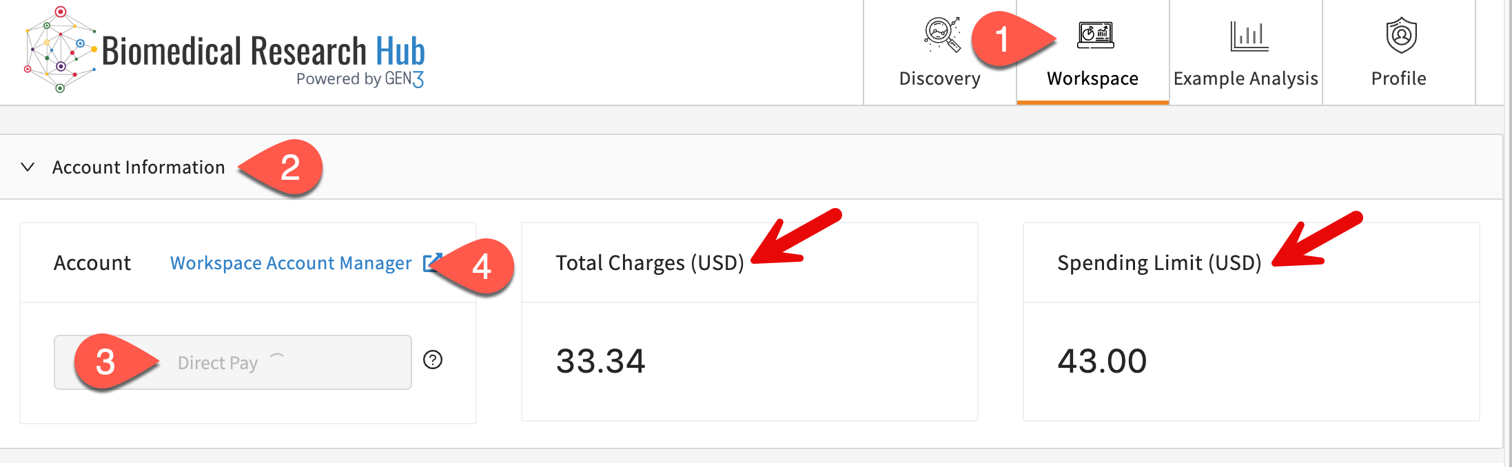 Monitor your workspace compute usage with information on the Workspace page.
