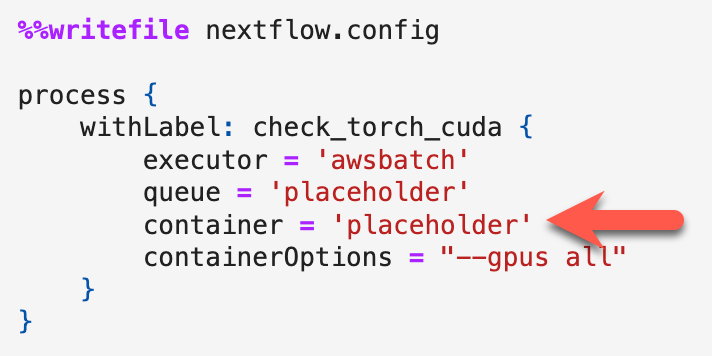 Screenshot of nextflow.config, showing where you put the Docker image URI