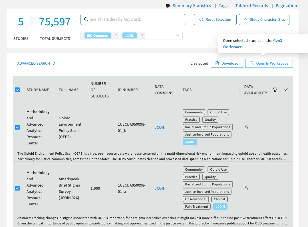 Select the studies and click "Open In Workspace".