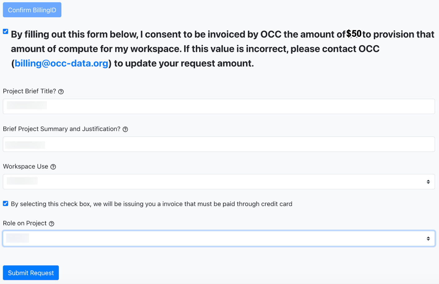 OCC Workspace Account Request form on BRH Workspace Account Manager