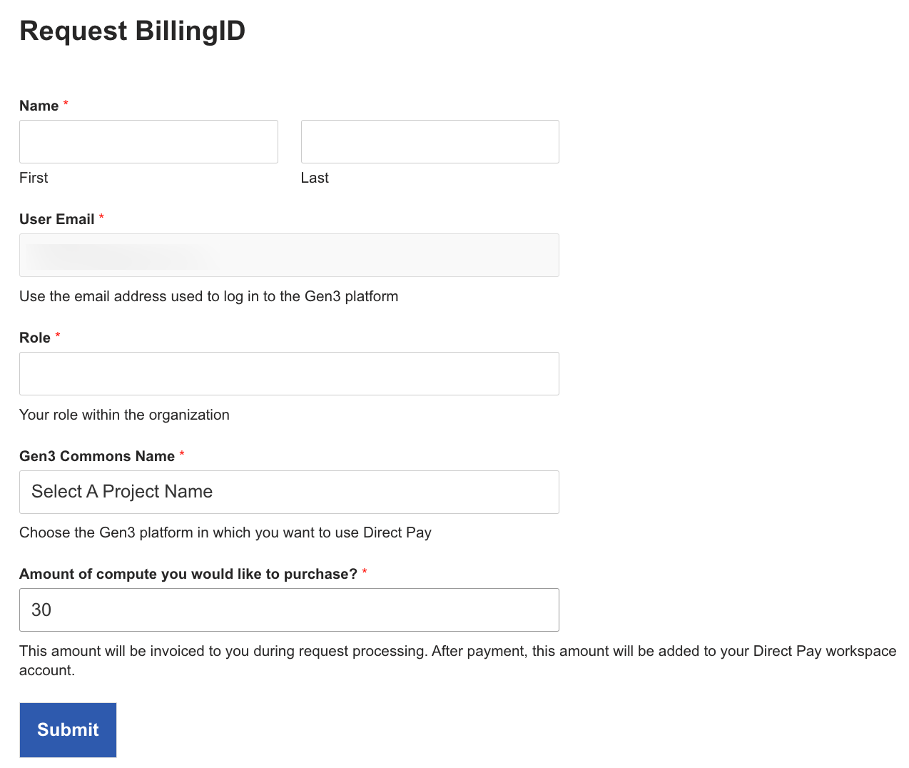 Request Access form on OCC Payment Portal