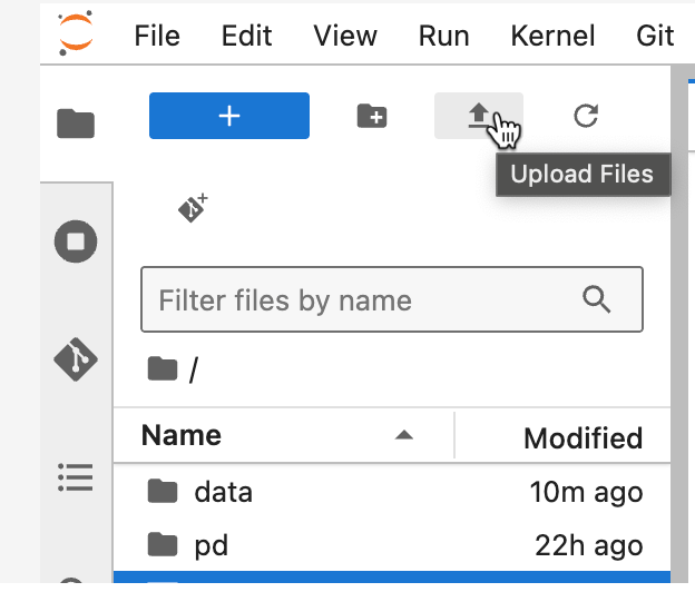 Upload data files or Notebooks to the workspace by clicking on “Upload” in the top left corner.