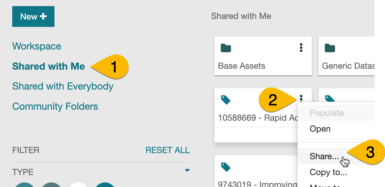 Screenshot of first steps to share CEDAR form.