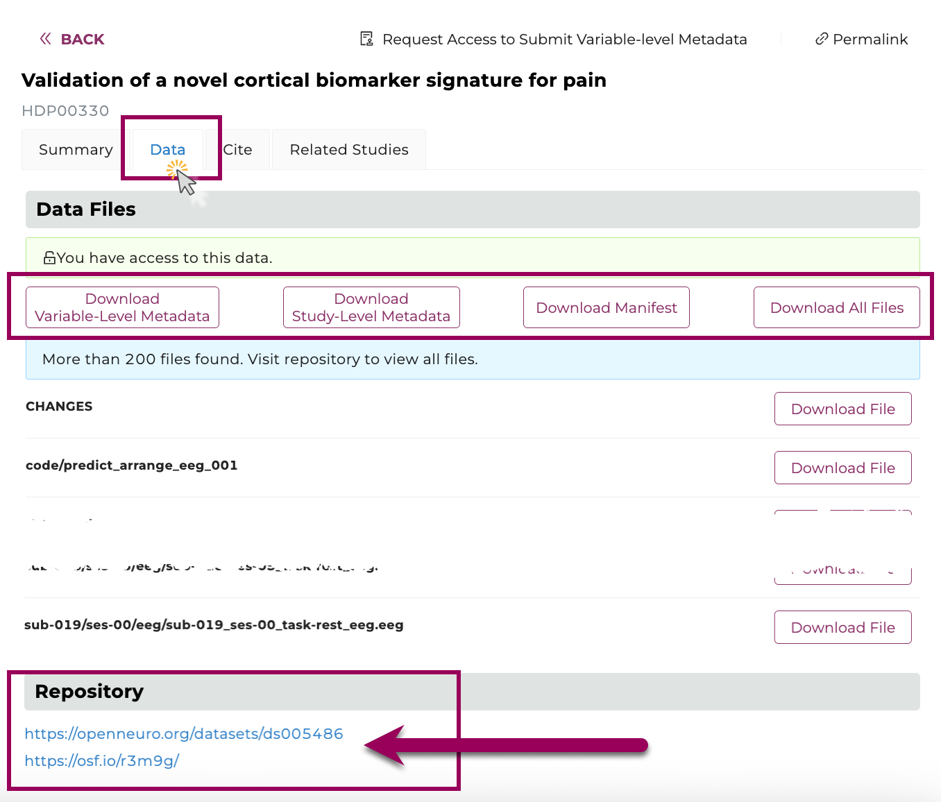 Study Page - Data tab