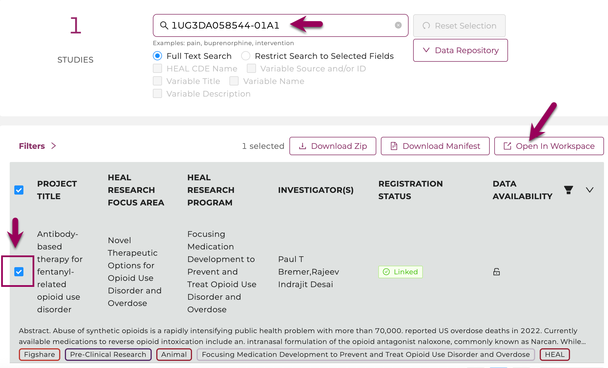 Screenshot of discovery page showing an example search for an NIH project number, how to select the study, and pointing to the Open in Workspace button