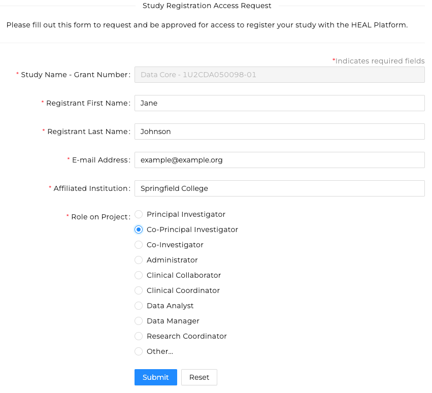 Screenshot of the form to request access to register the study