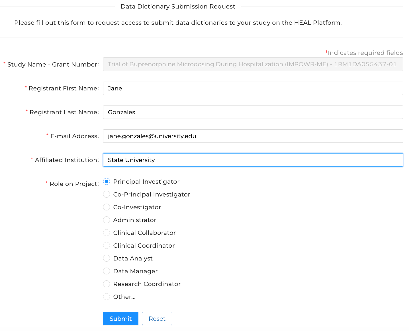 Screenshot of the form to submit the request for access to submit VLMD, showing the fields