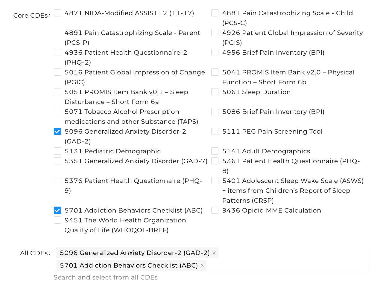 Screenshot of the middle of the submission form showing checkboxes for Core CDEs