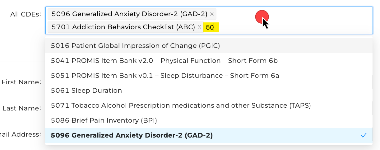 Screenshot of the bottom of the submission form showing how you can type to select supplemental CDE options
