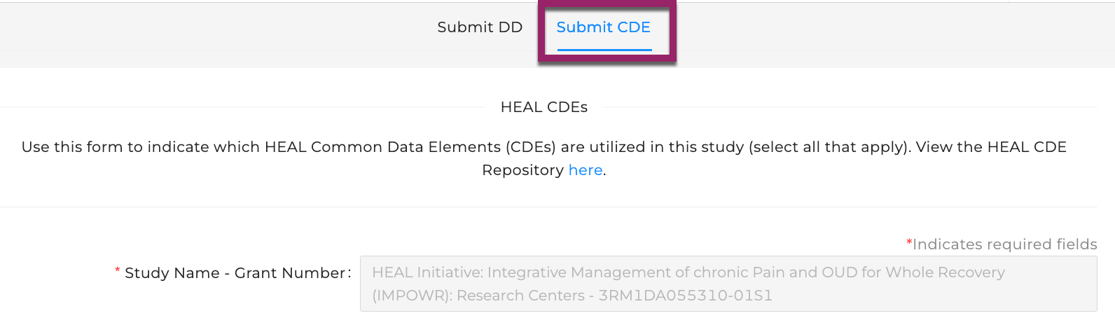 Screenshot of VLMD submission form. The Submit CDE tab is selected, boxed in magenta. The image shows the fields available for the CDE submission form.
