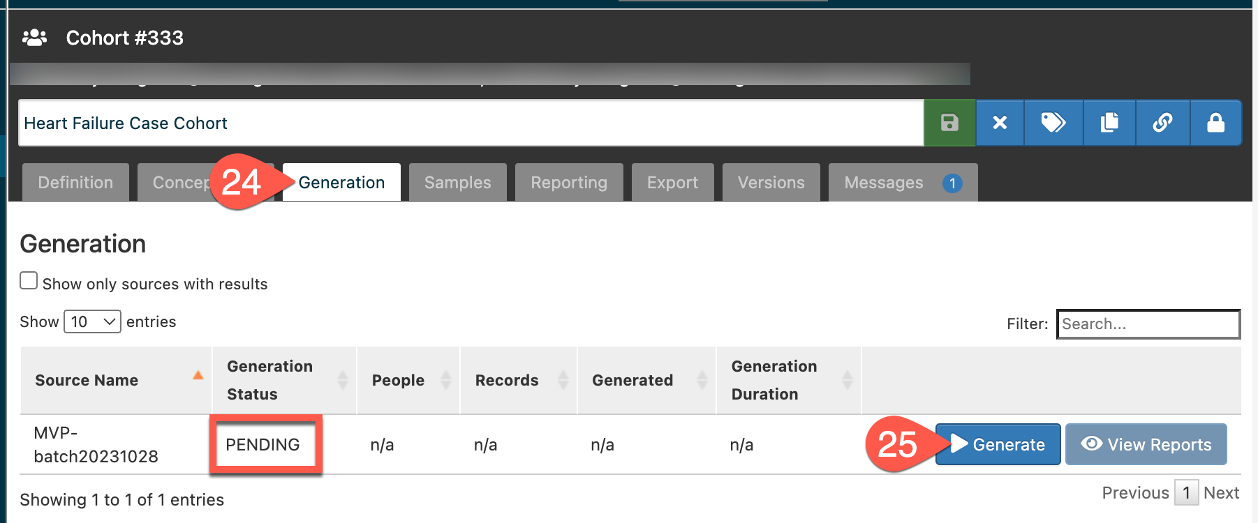 Generation tab - generate cohort